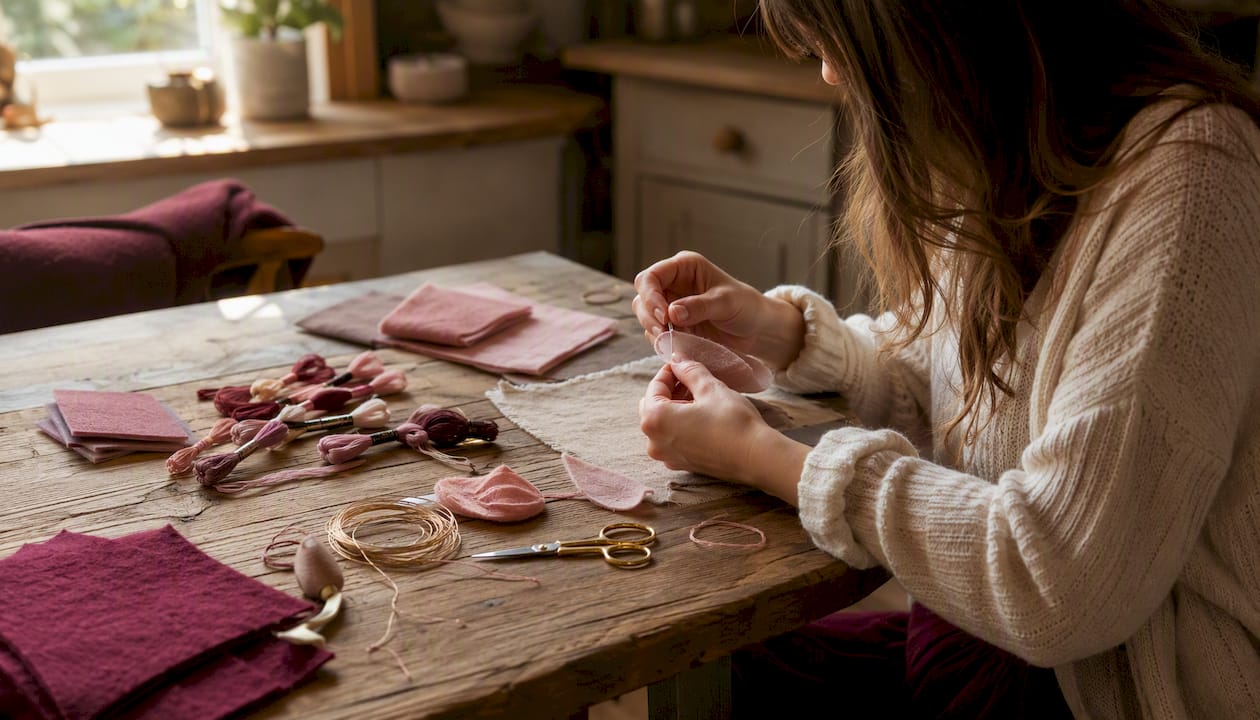Hands assembling felt and wire for raised embroidery