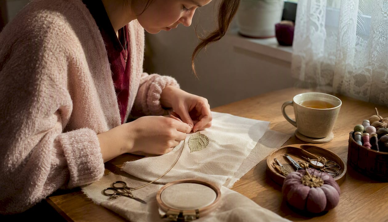 Person couching wire slip onto embroidery fabric