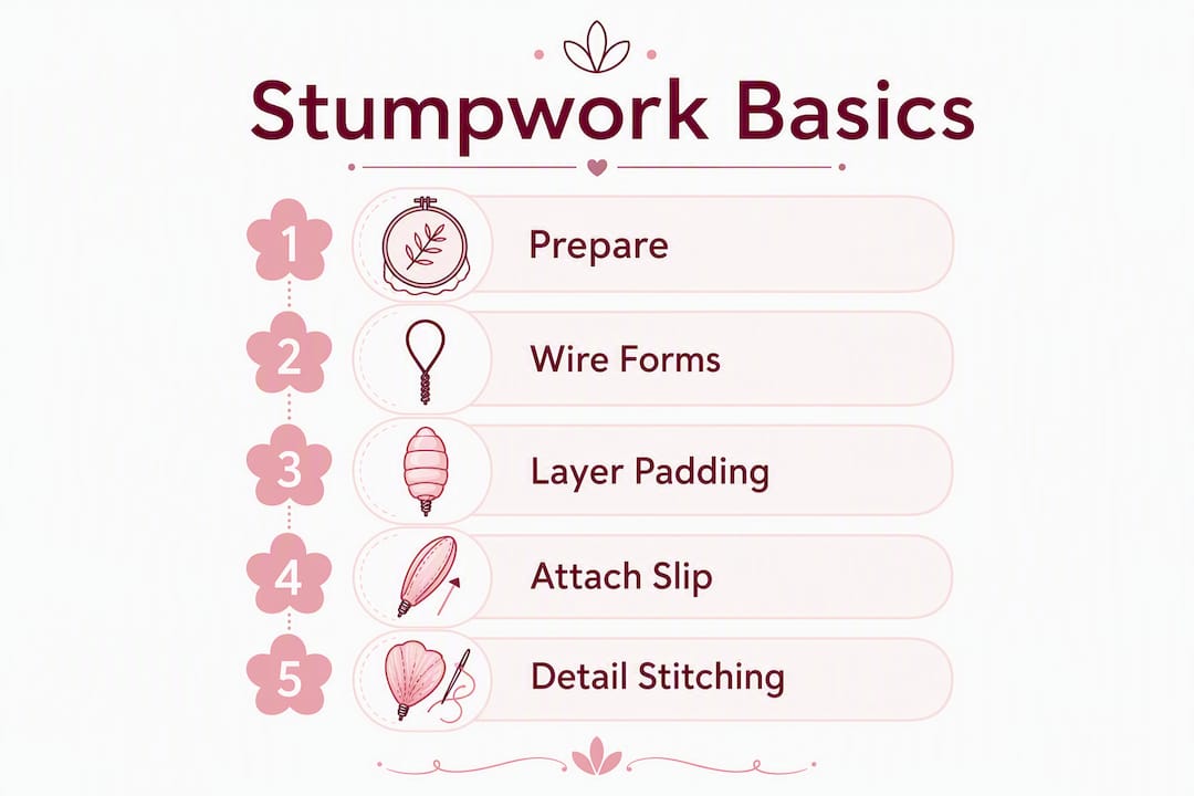 Infographic outlining stumpwork embroidery steps