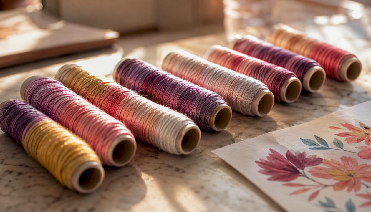 Variegated embroidery threads showing color transitions