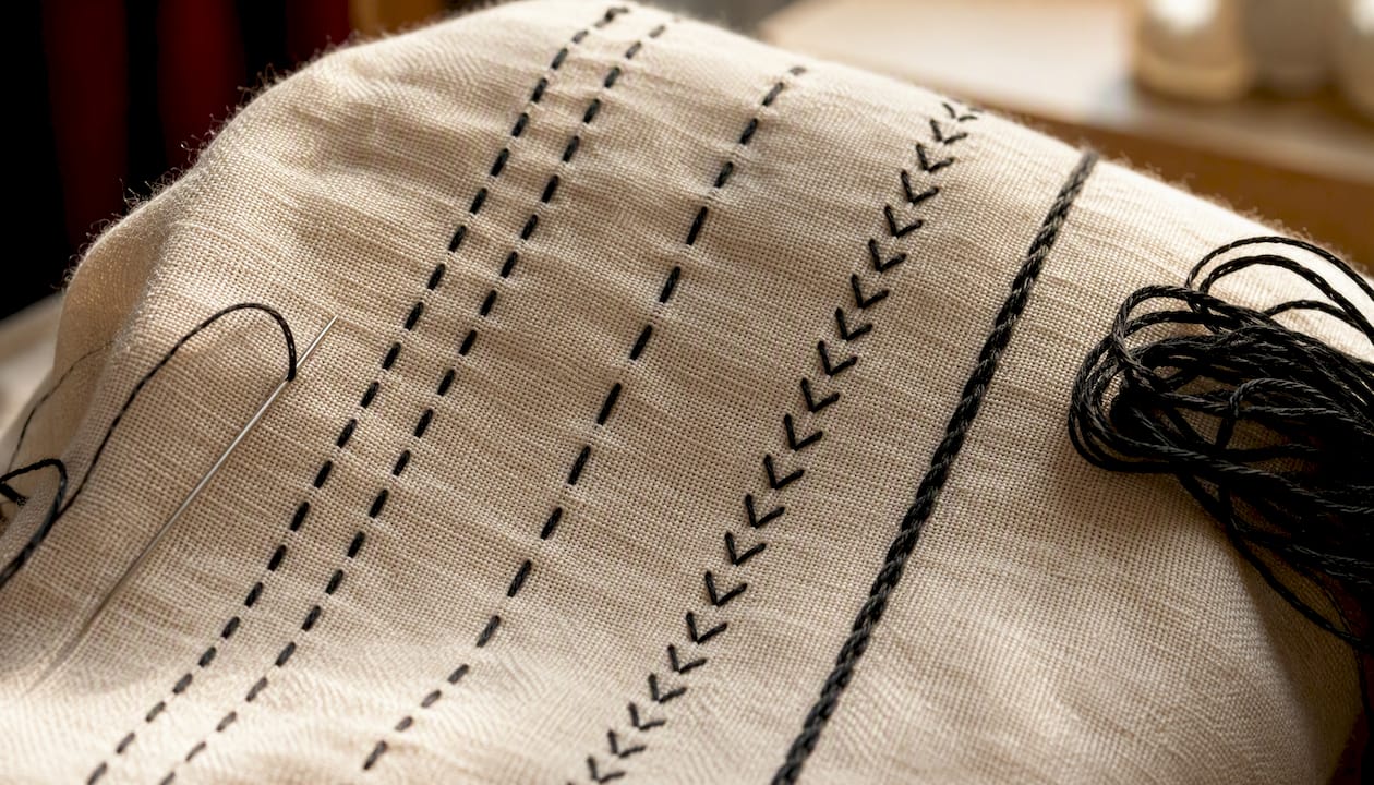 Close-up of Holbein and other foundational blackwork stitches