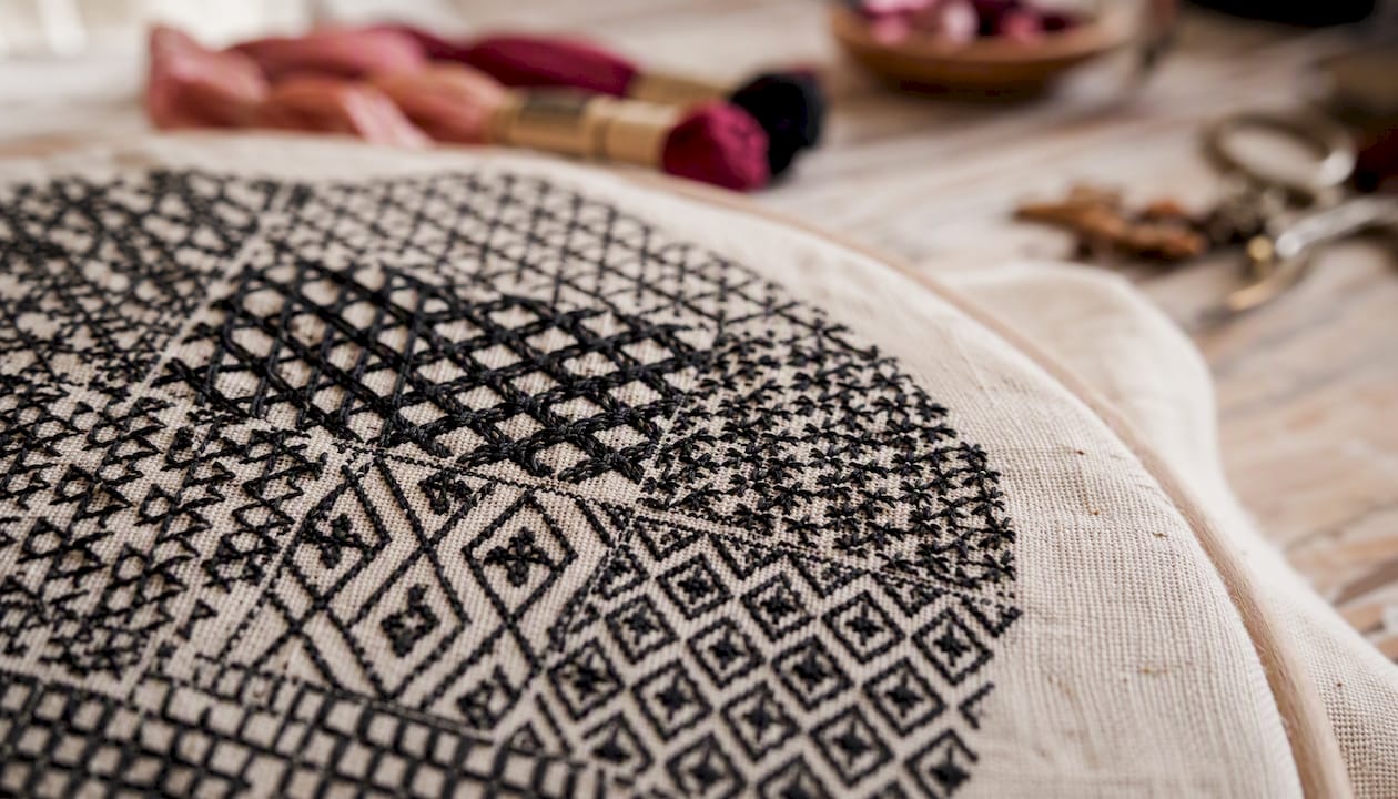Close-up of blackwork geometric fill patterns on fabric