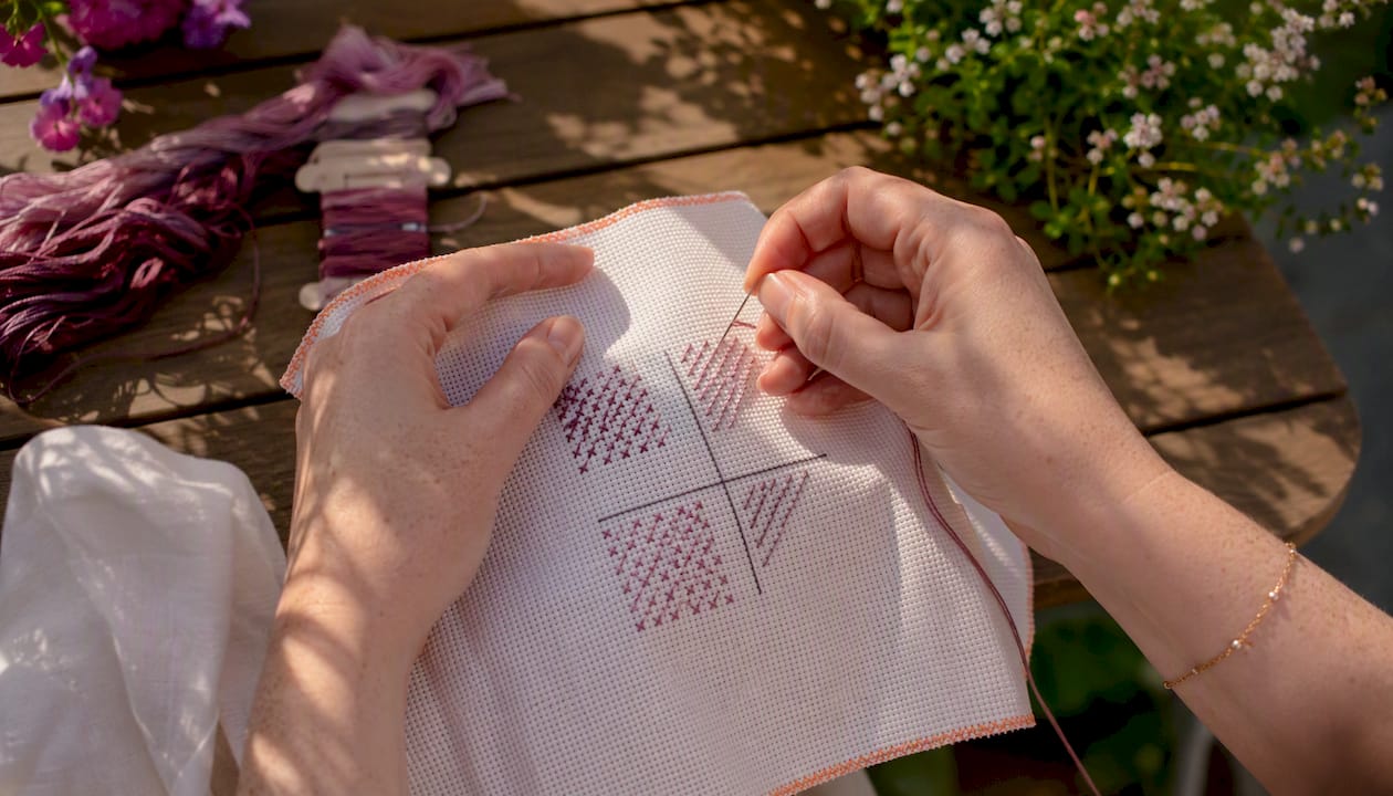 Hands stitching four three-quarter stitch orientations