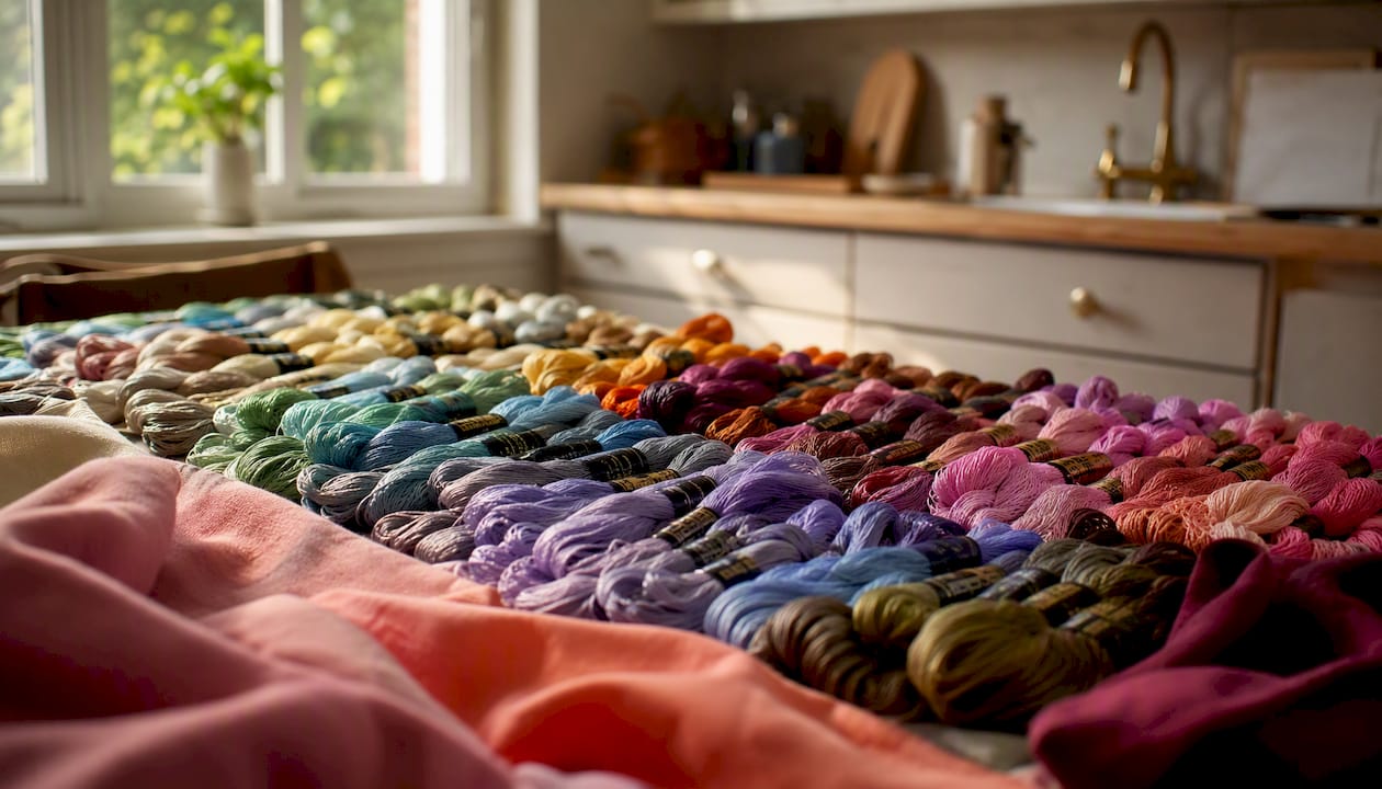 Organized embroidery thread bundles by color