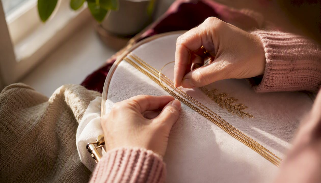 Hands couching goldwork thread on fabric