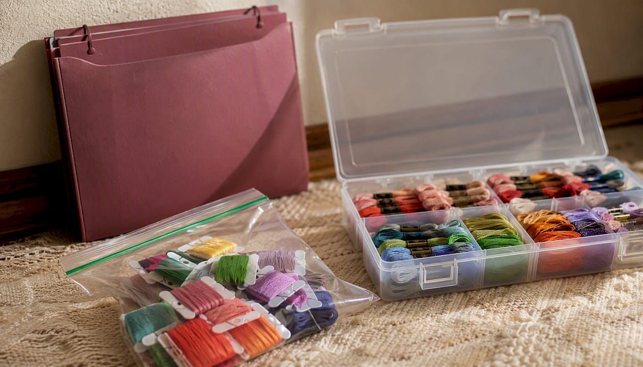 Zip bag, plastic box, and hanging file folder floss storage