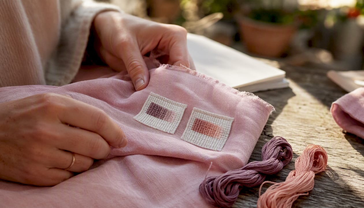 Test stitched floss squares on fabric with sample skeins