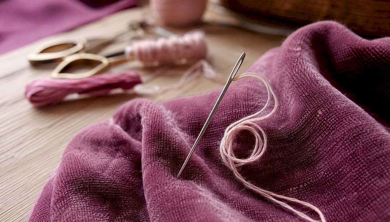 Milliner needle and cotton thread on fabric