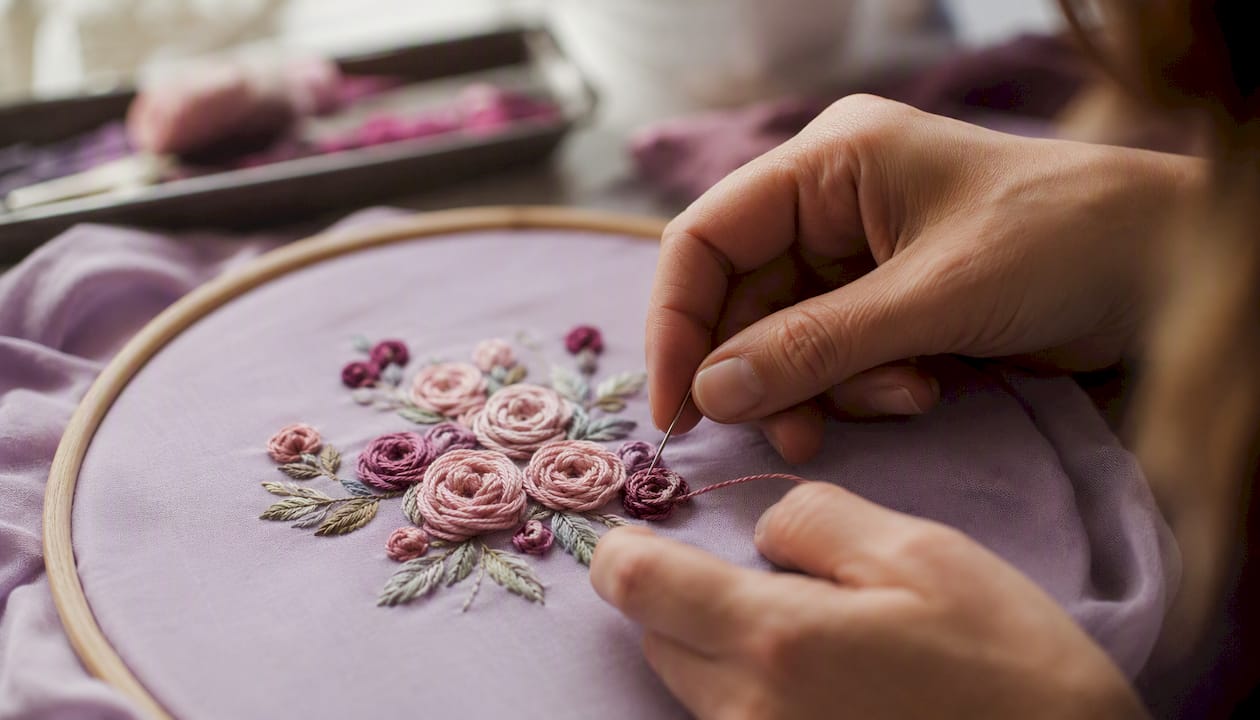 Hands stitching bullion rose floral cluster