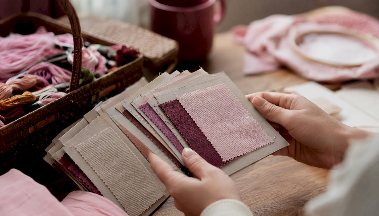Hands holding fabric swatch cards showing texture