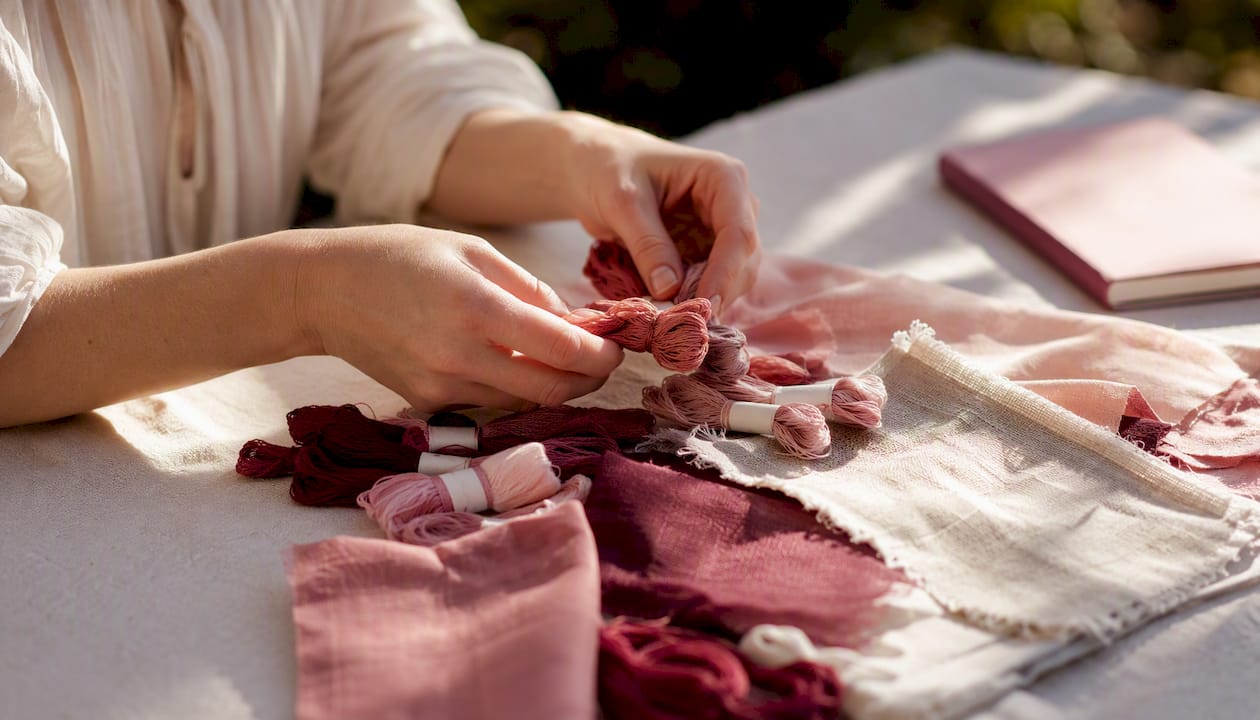 Hands arranging thread and fabric for embroidery project