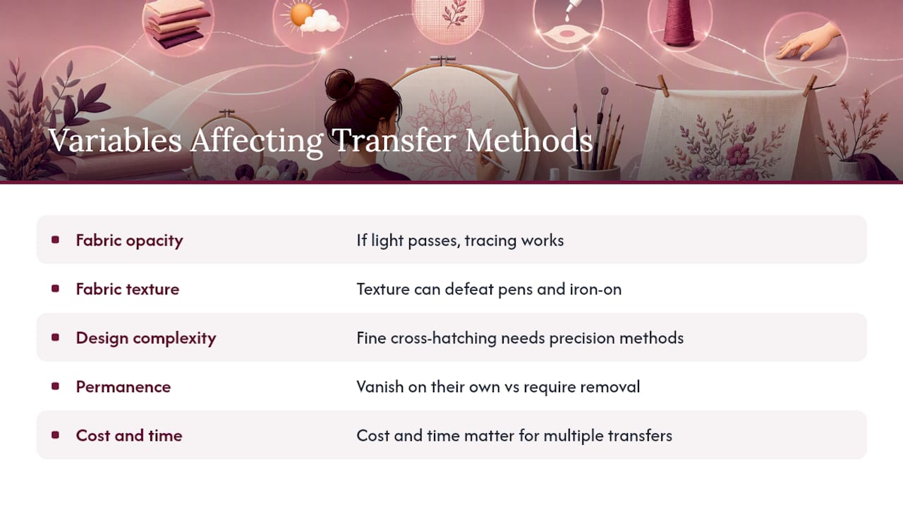 Diagram comparing embroidery transfer method variables