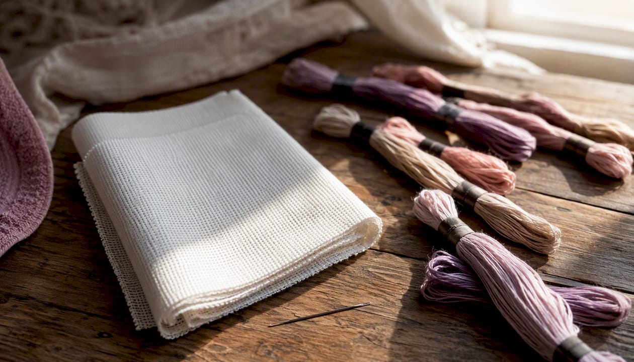 Cross stitch beginner kit supplies arranged