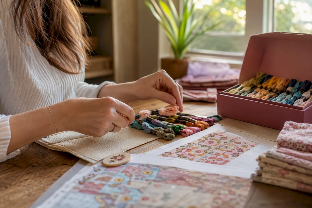 Hands matching threads to cross-stitch pattern
