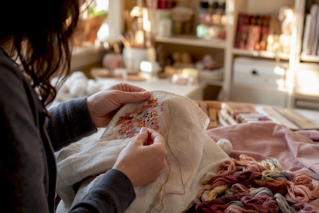 Hands stitching with variegated embroidery floss