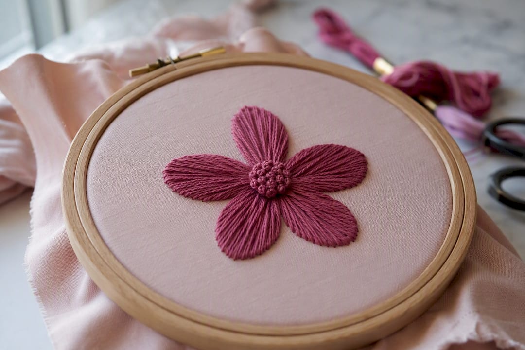 Finished lazy daisy embroidery flower overhead