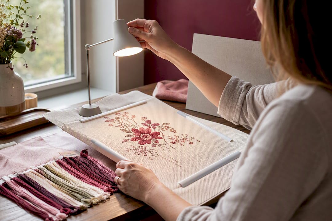 Cool lamp illuminating cross-stitch fabric swatches