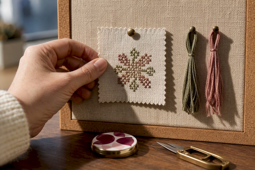 Stitcher checking a thread test swatch