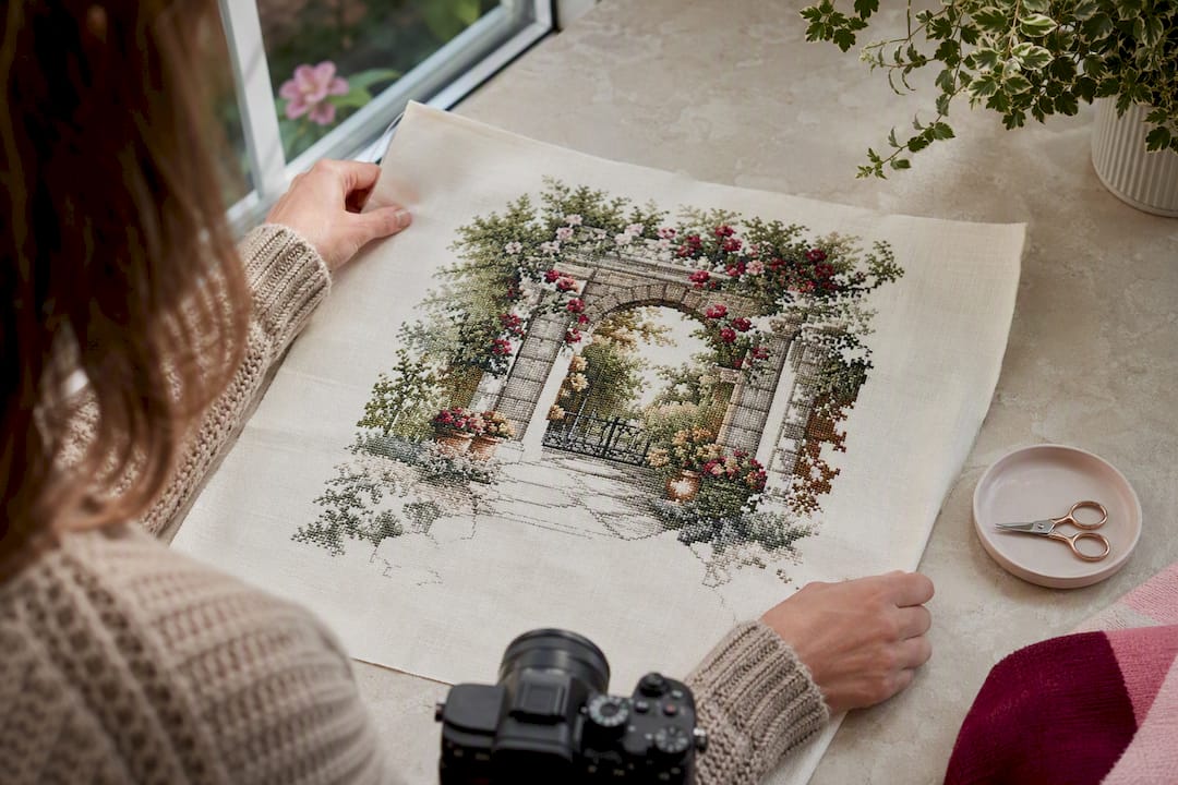 Embroidery panel arranged for progress photography