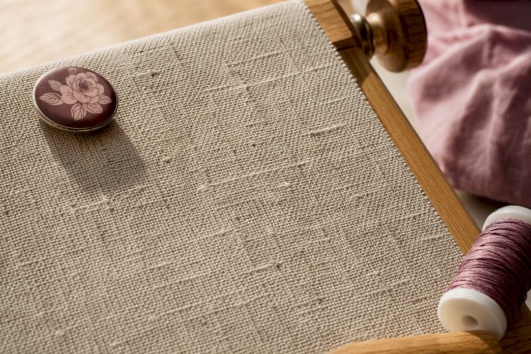 Close-up of linen weave and flax slubs