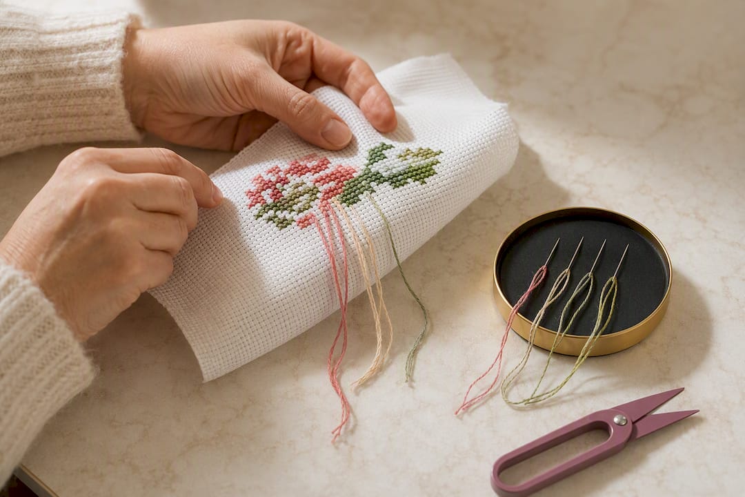 Parked needles and dangling floss on fabric