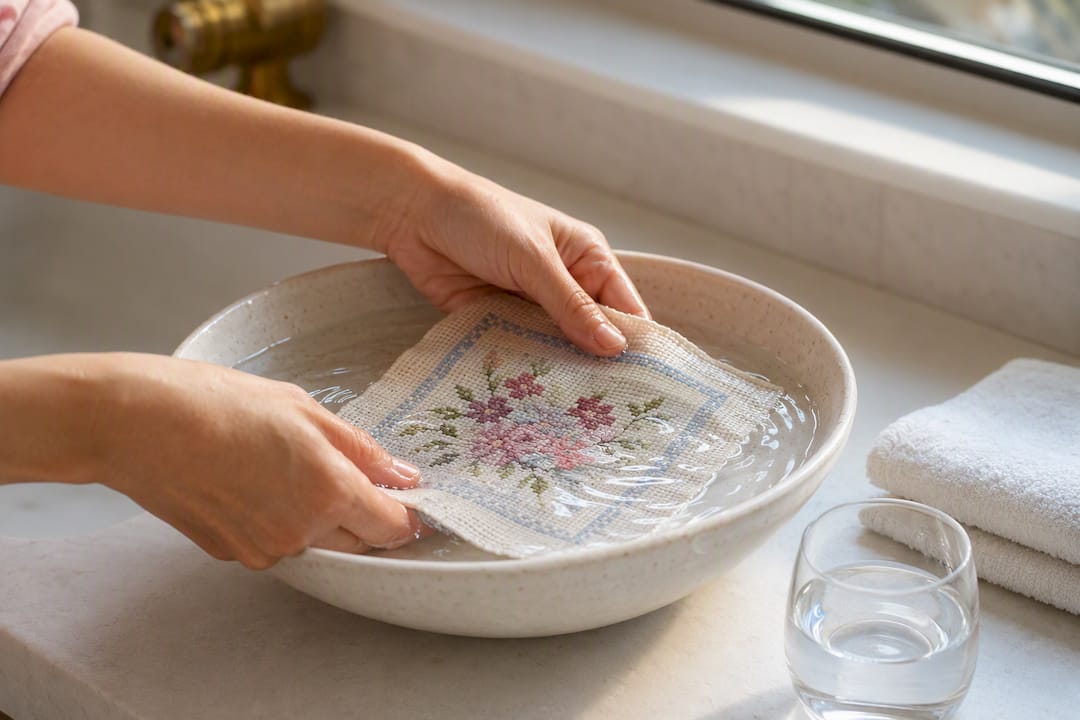Hands rinsing stamped cross-stitch fabric