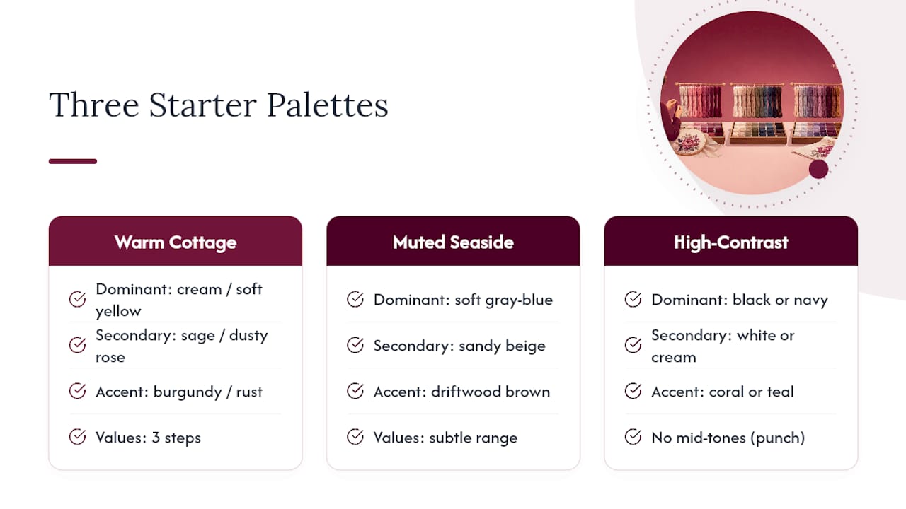 Three adaptable cross stitch color palettes