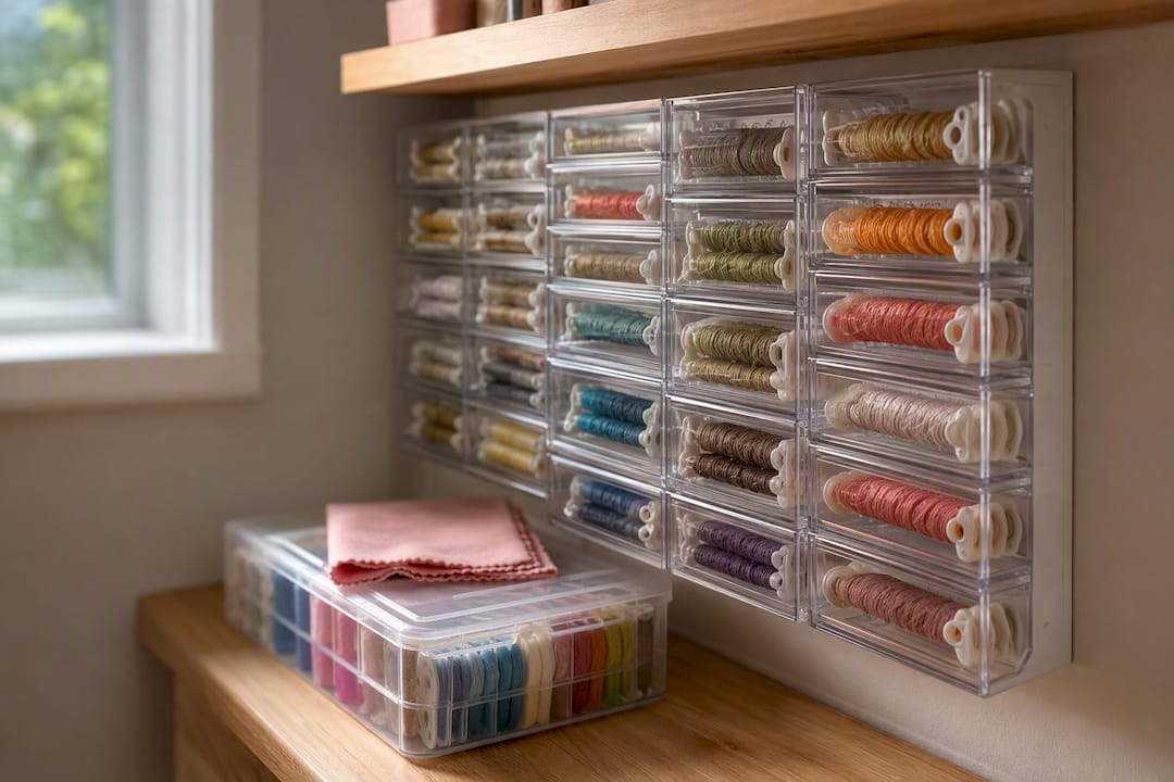 Vertical floss drawers in a narrow craft corner
