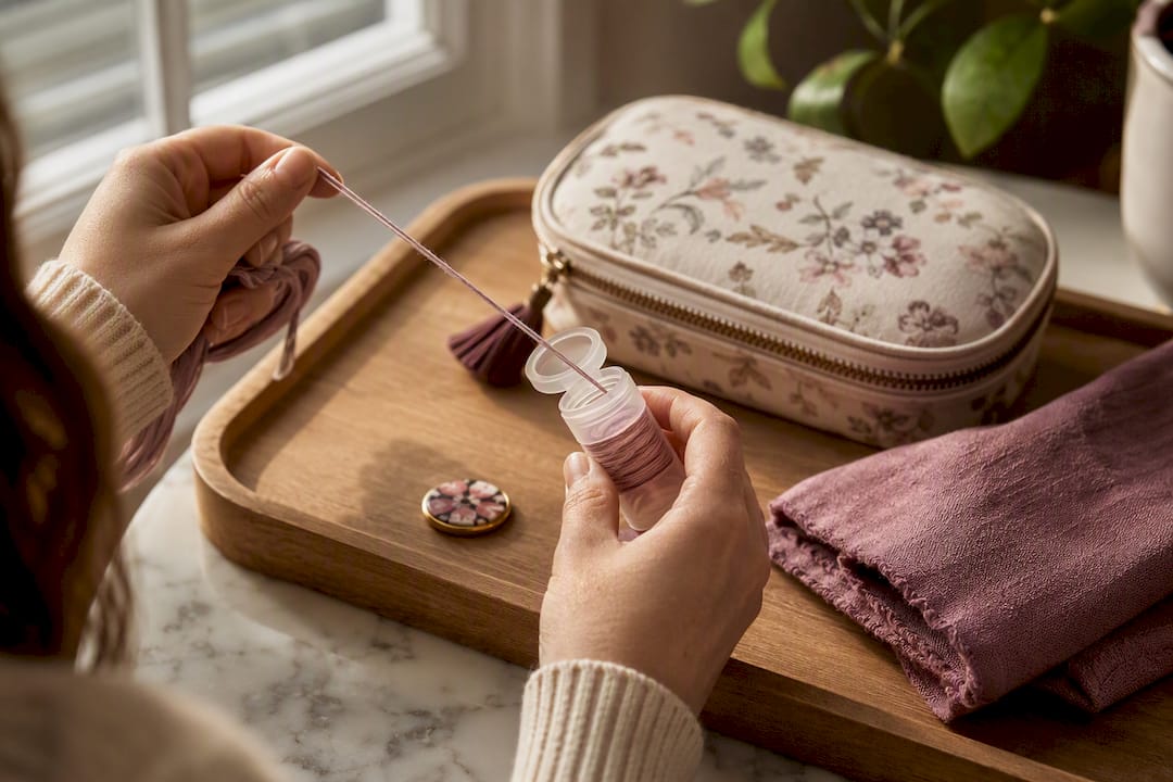 Hands moving floss into a project drop