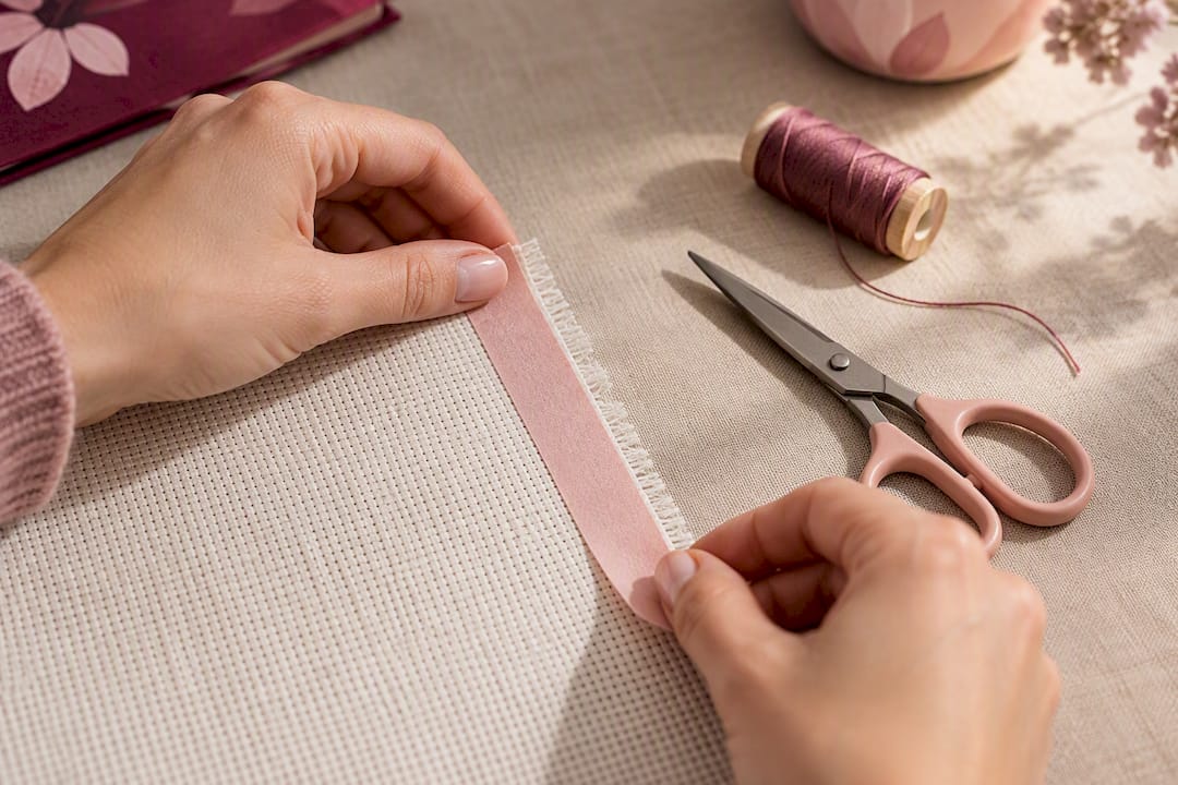 Hands securing Aida fabric edge