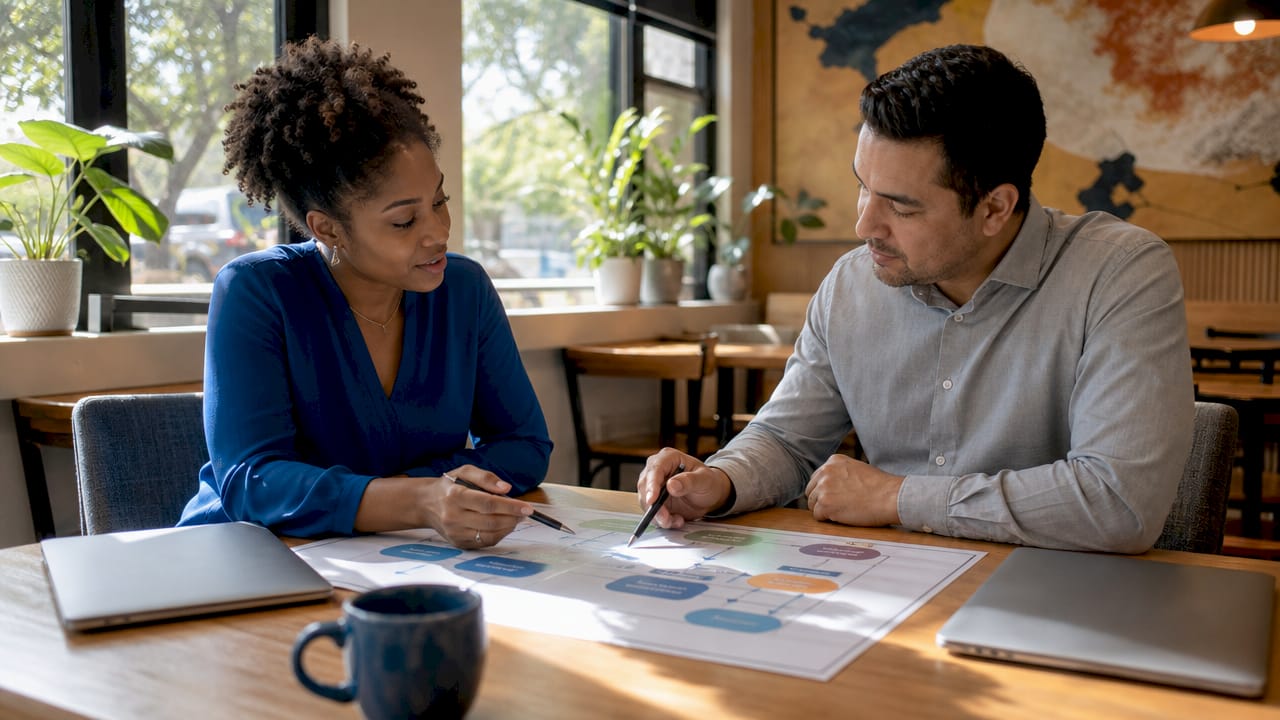 Two professionals discussing customer lifecycle stages