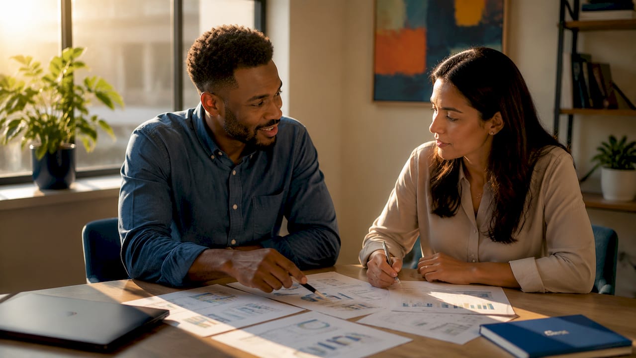 Two coworkers discussing performance dashboard