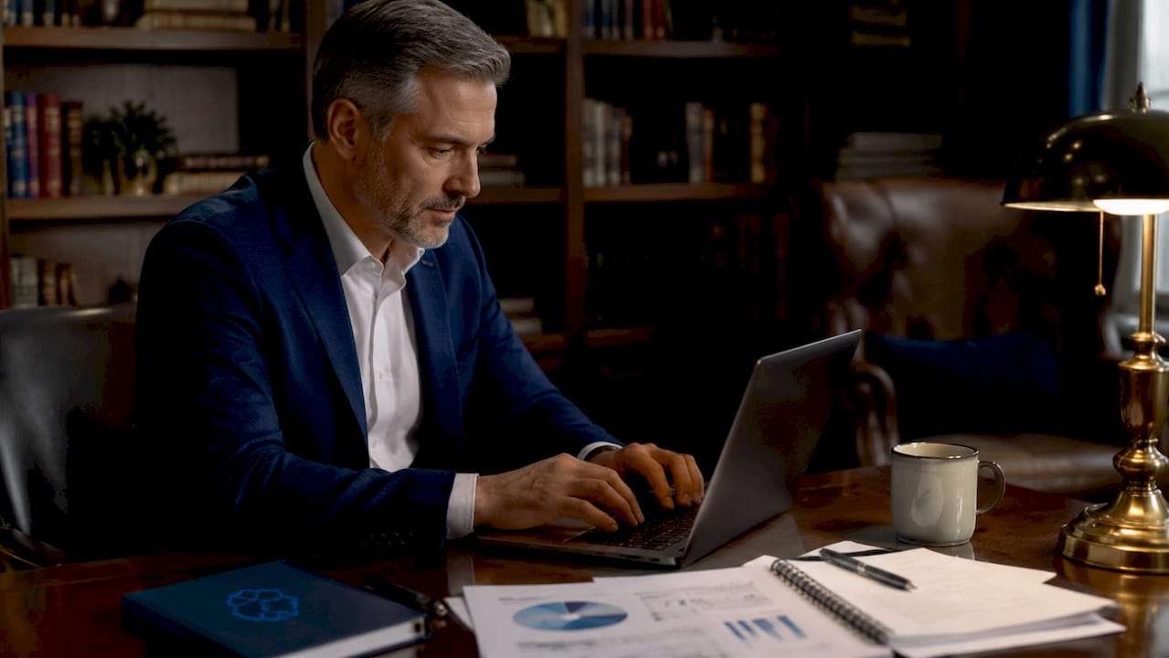 Hands typing business workflow on laptop keyboard