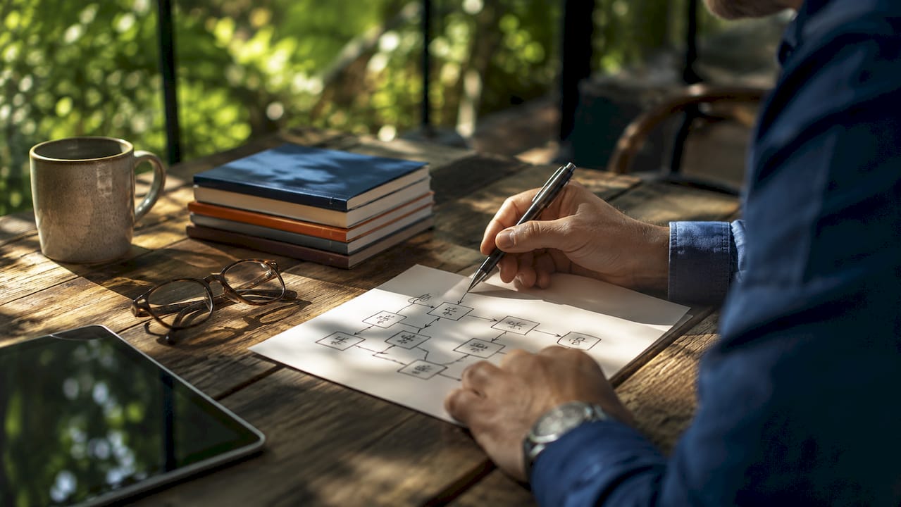 Hands writing sales stages in notebook