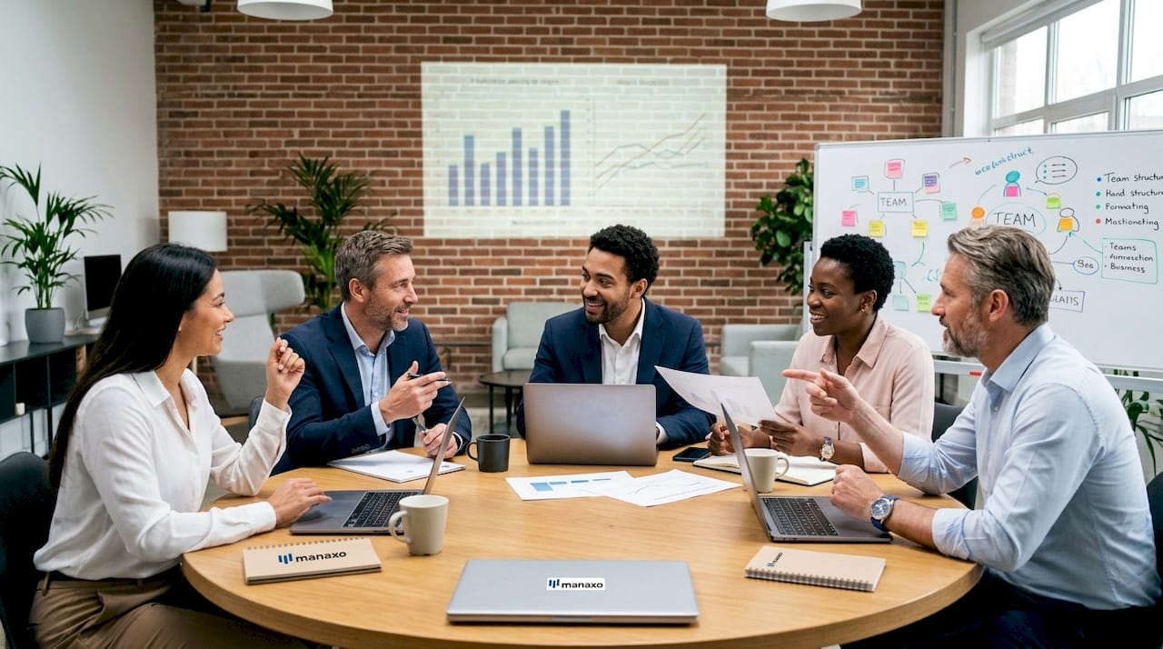 Diverse team collaborating on workforce planning in meeting room