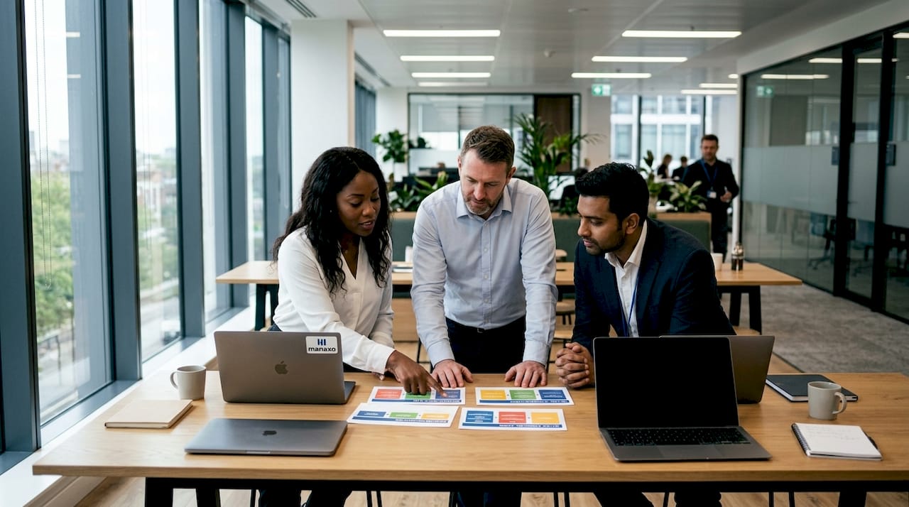 Team reviewing pipeline stages in coworking conference room