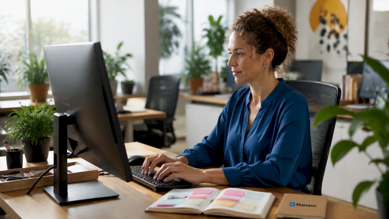 Project manager entering data at modern coworking desk
