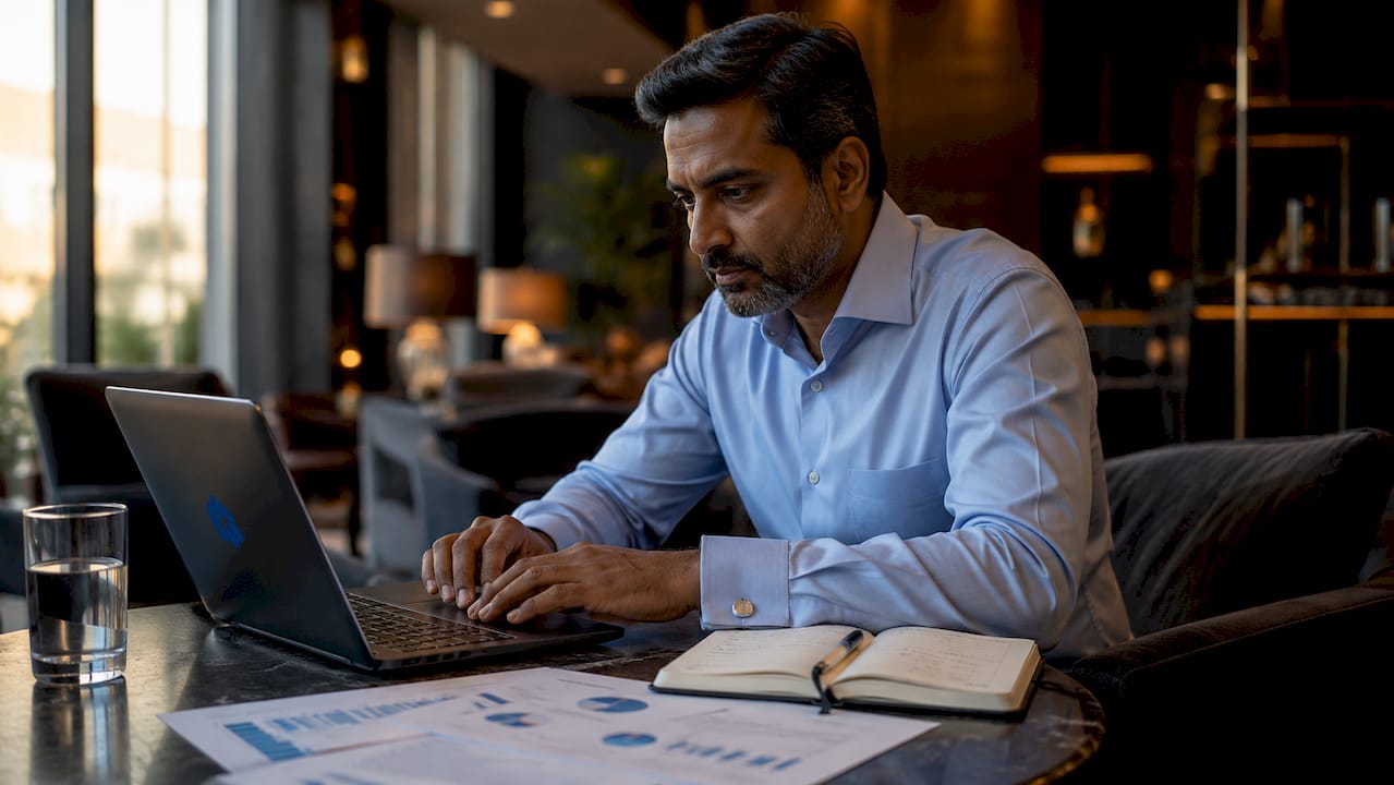 Hands typing at executive desk with compliance documents