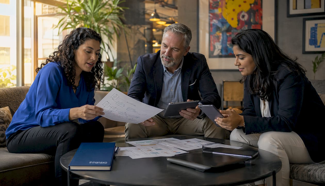 Executive team collaborating on workflow automation in conference room