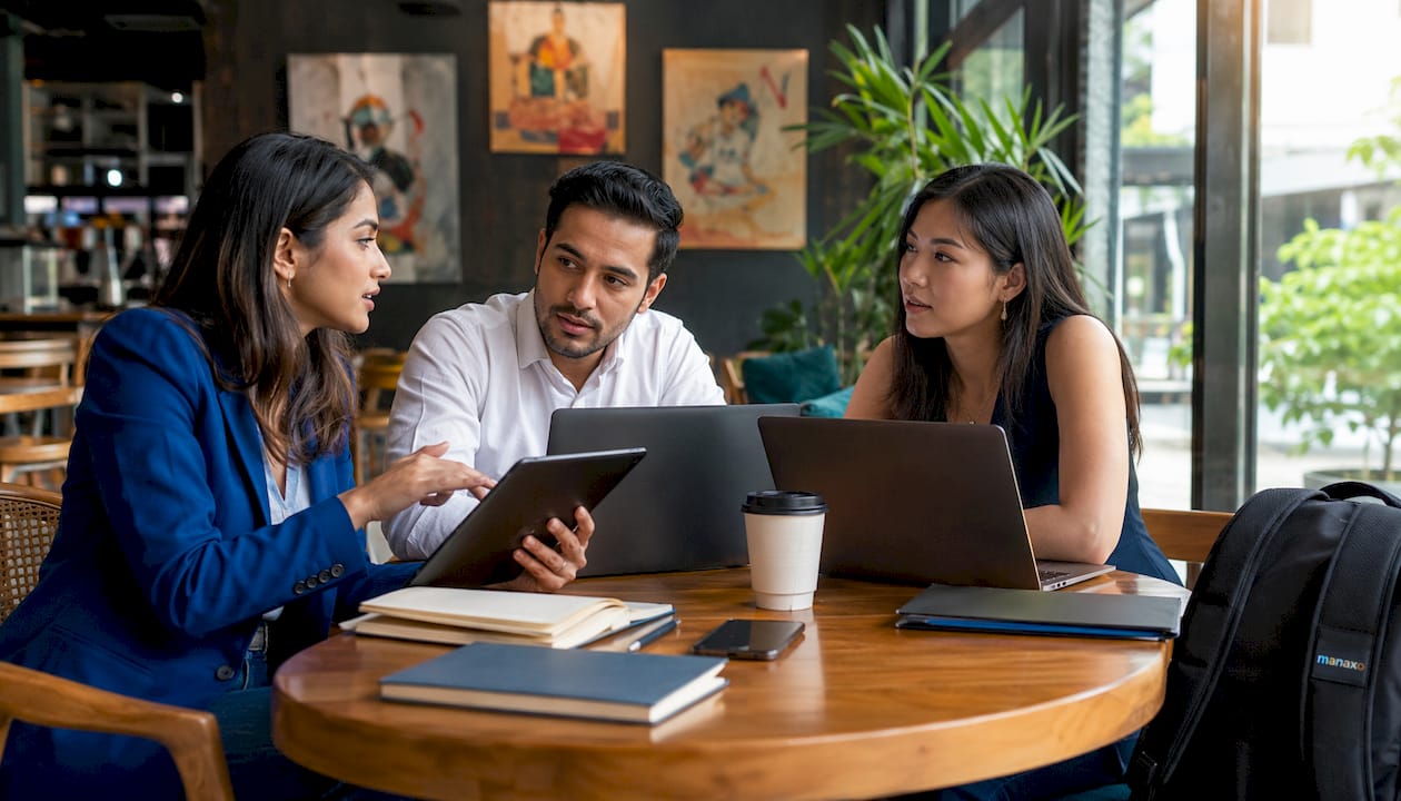 Diverse team discussing CRM dashboard in conference room
