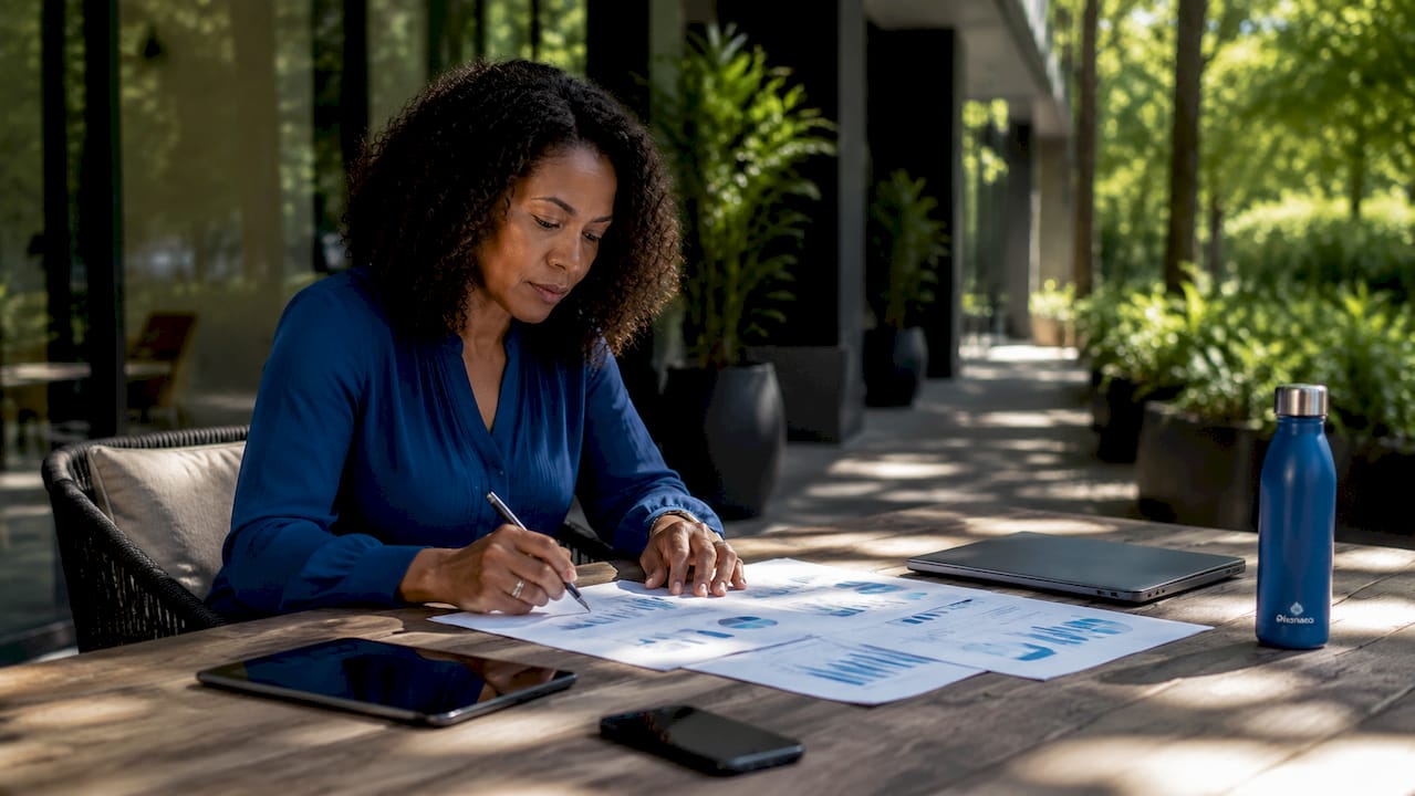 Businesswoman reviewing printed operational metrics