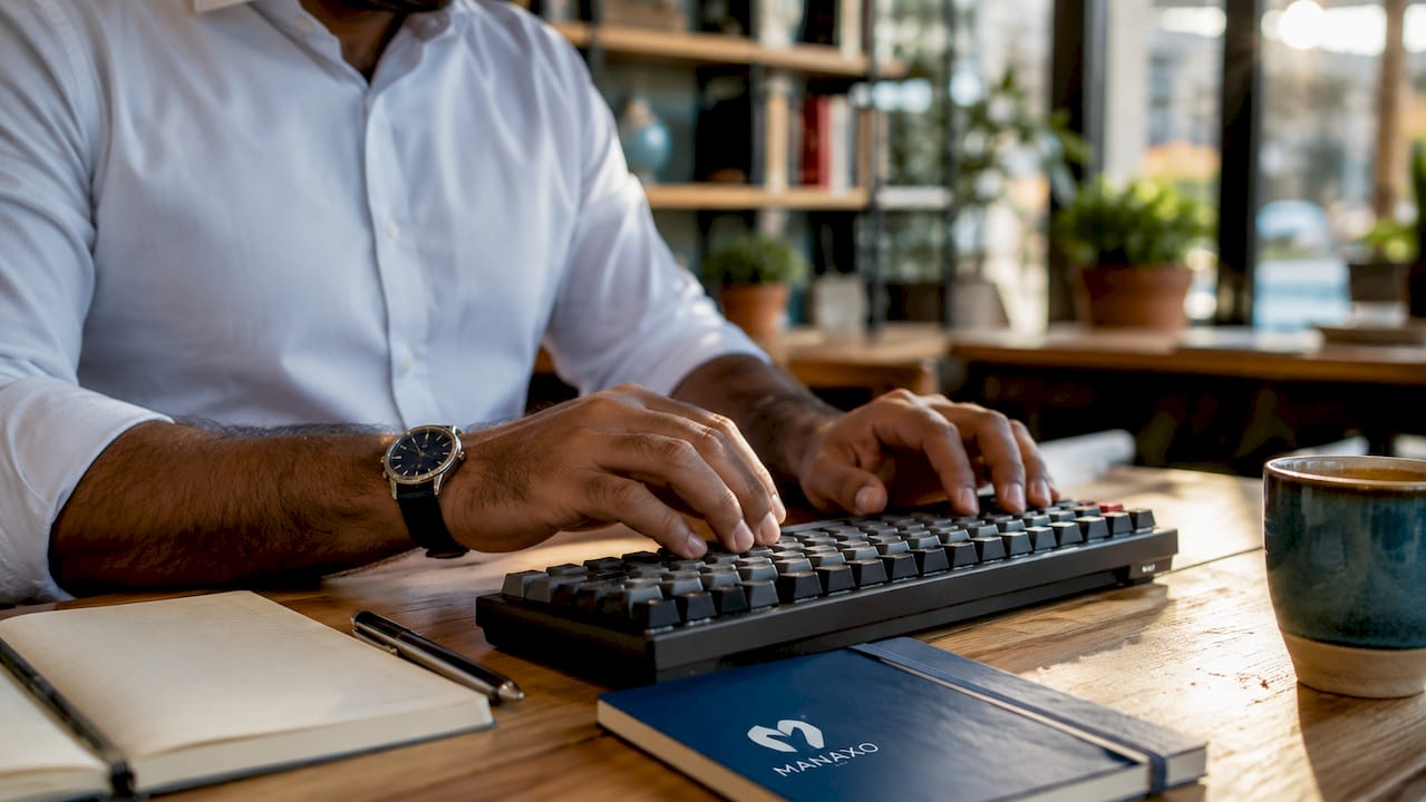 Close-up of hands typing on keyboard at desk