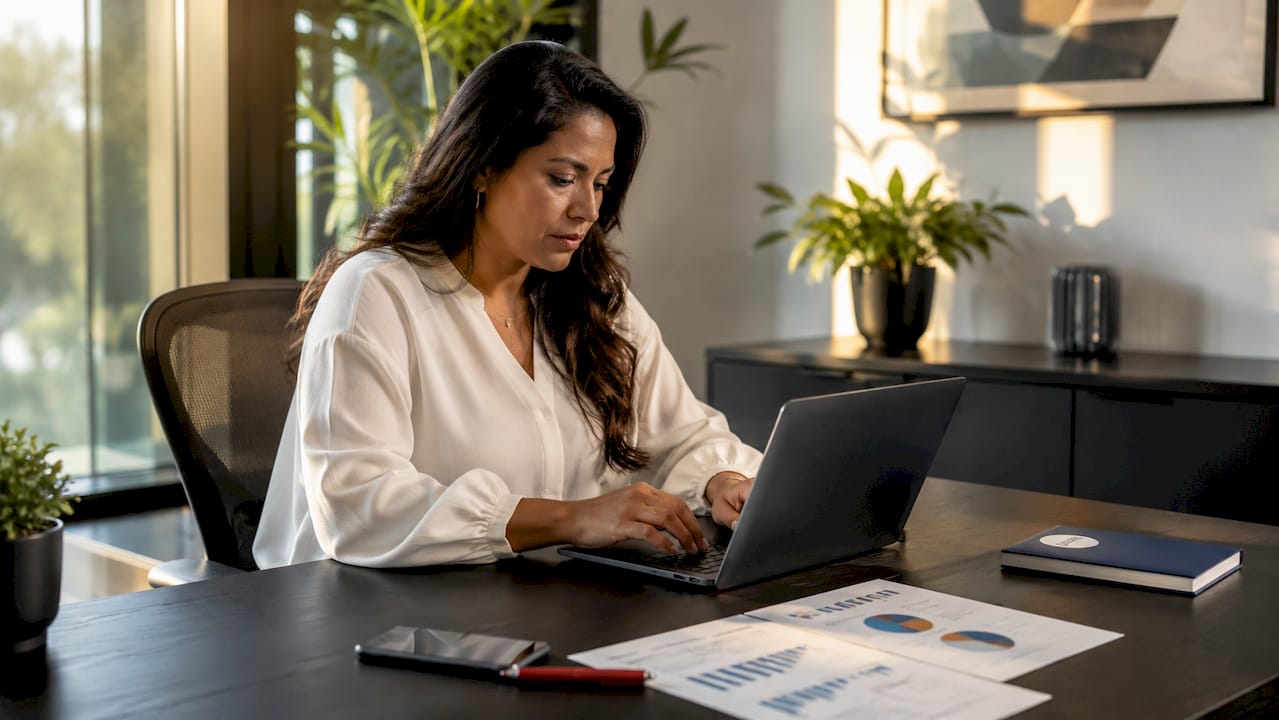 Business manager using KPI software on laptop