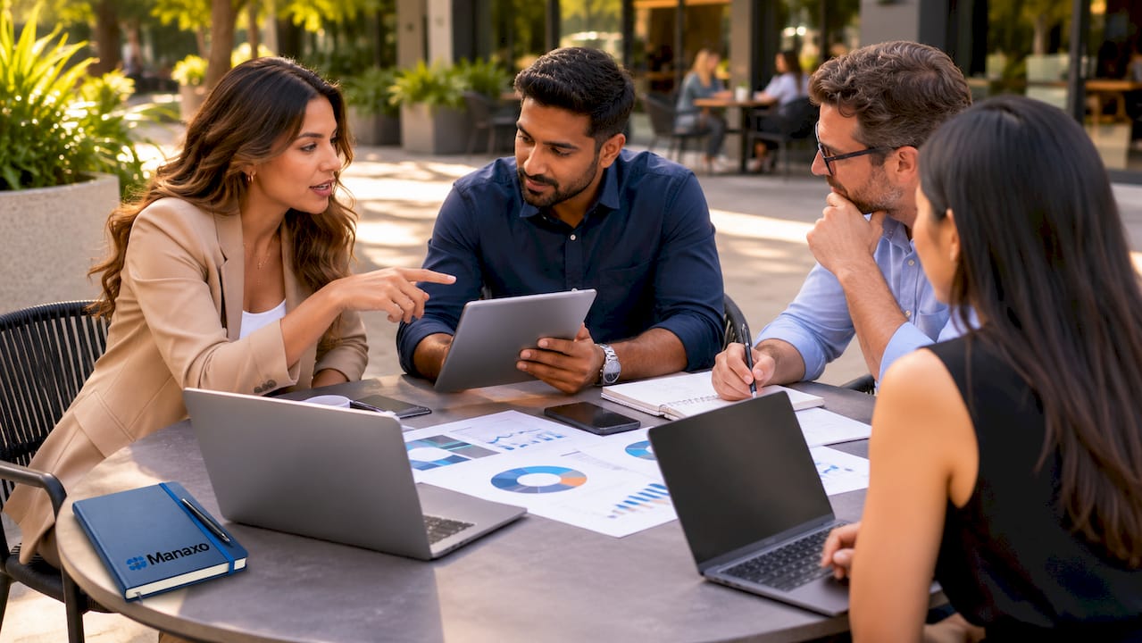 Mixed team collaborating over business platform options