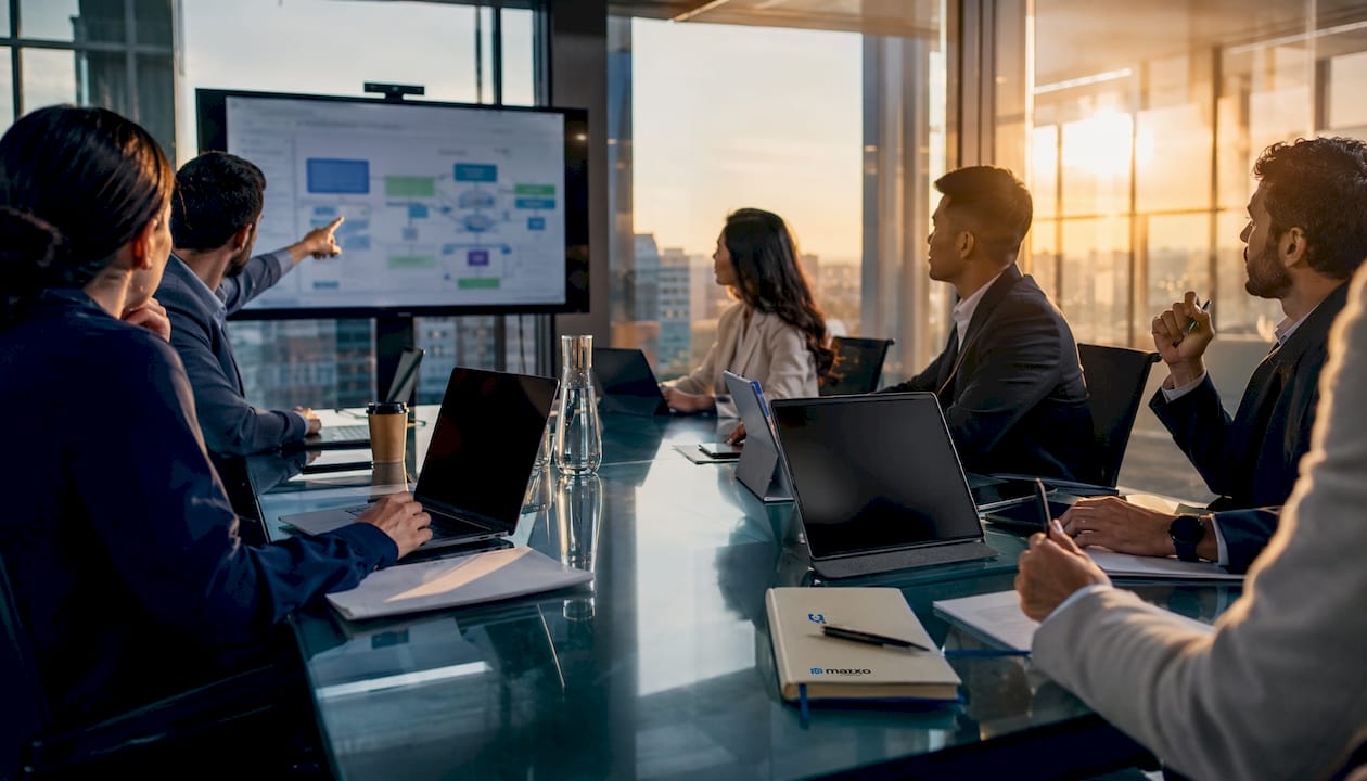 Hands working with devices and data in conference room