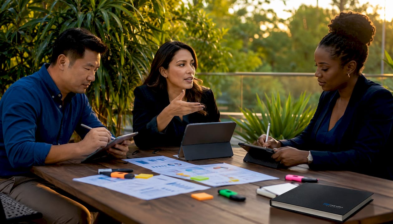 Managers reviewing analytics dashboard in conference room