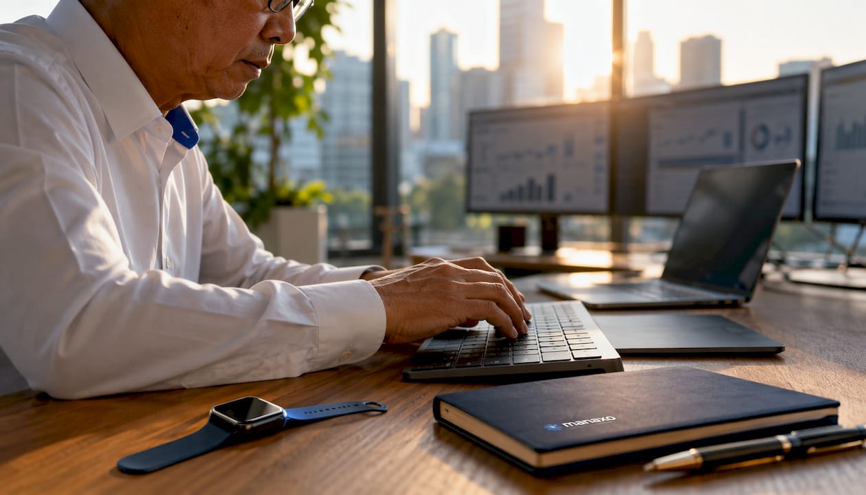 Finance professional typing at desk with dashboards