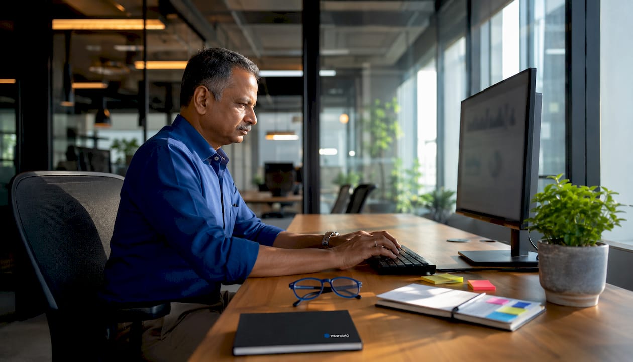 Hands typing at SaaS analytics dashboard workspace