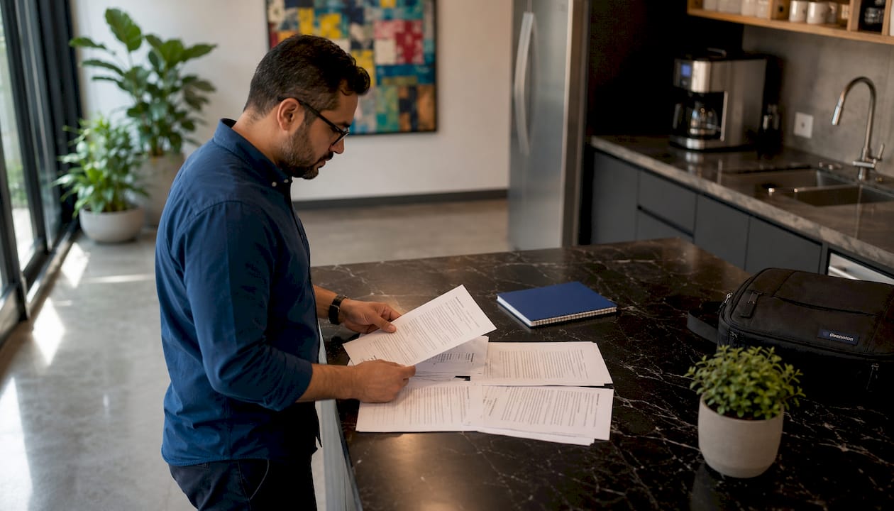 IT professional reviewing SLA papers in office