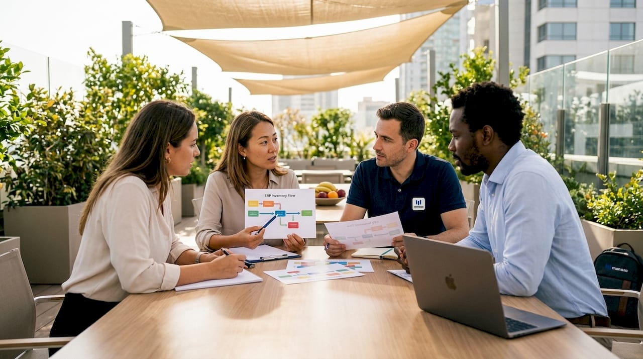 Diverse managers discussing ERP inventory features in meeting